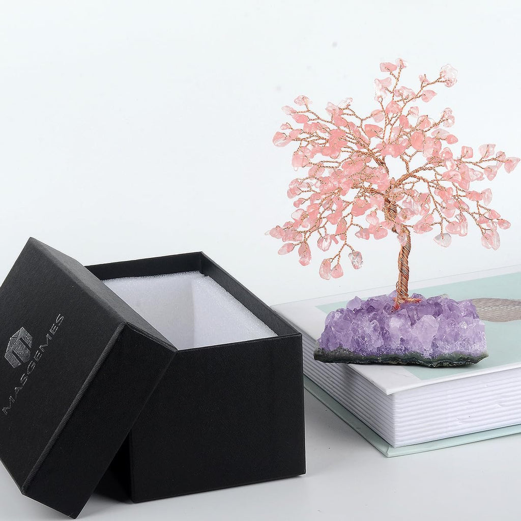 Natural Rose Quartz Gemstone Crystal Tree of Life, Amethyst Cluster Base,Feng Shui Decor Bonsai Money Tree,Healing Crystal Positive Energy Gift Size 5.5-6.3 Inches