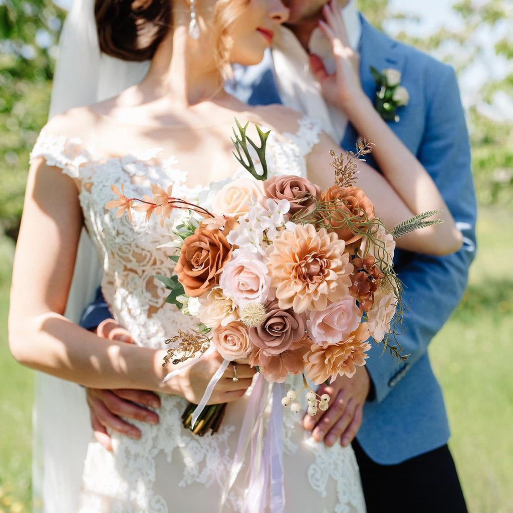 Artificial Flowers Combo, Mix Silk Flowers Roses, Peonies, Dahlias with Stems for DIY Wedding Bridal Bouquet, Baby Shower, Table Centerpieces, Home Decor, Fake Floral Arrangements-Boho Nude