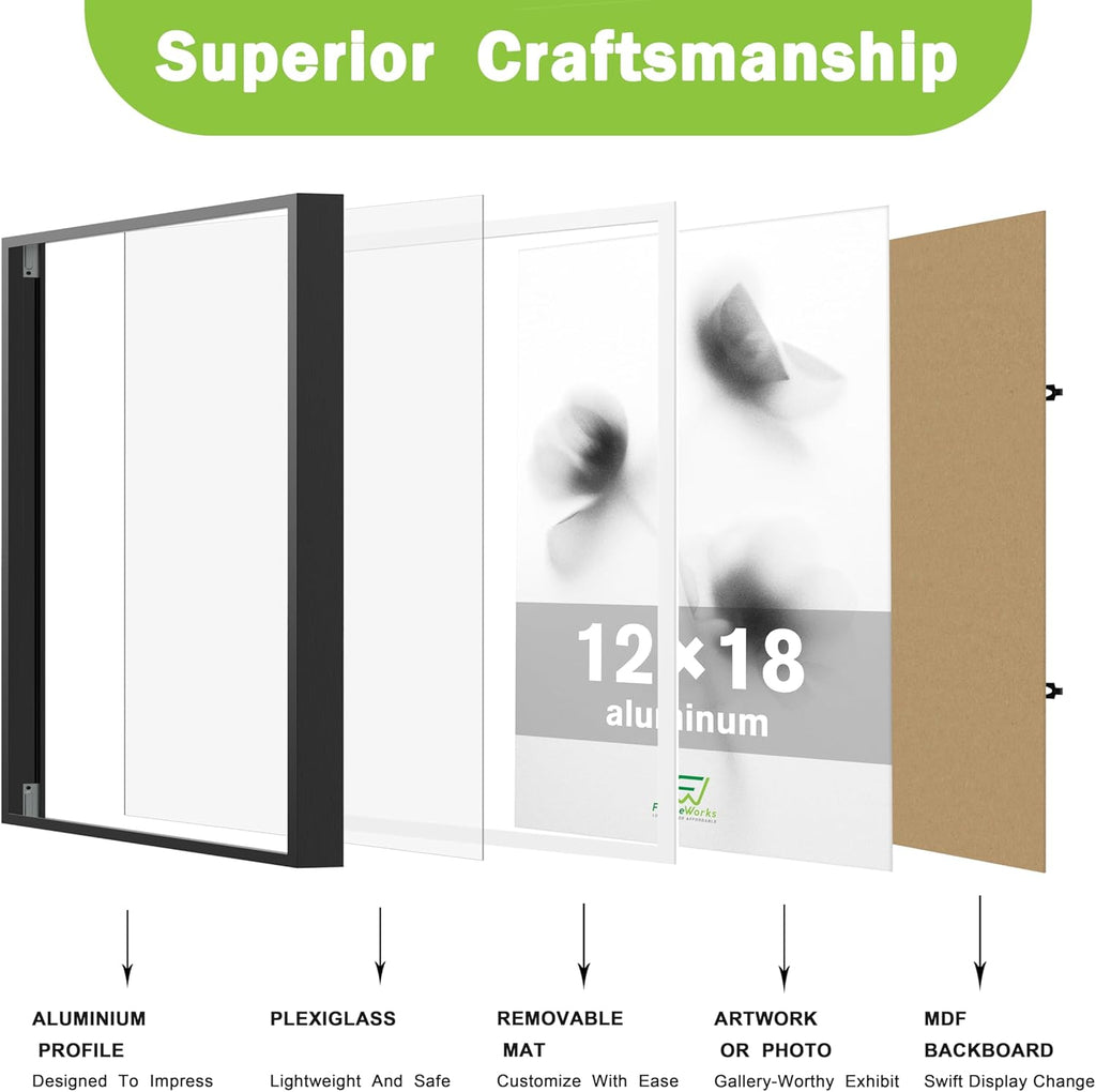 FrameWorks 13x19 Brushed Aluminum Poster Frames – Modern Brushed Metal Design w/Shatterproof Plexiglass, Perfect for Posters, Artwork, Paintings, Wall Displays – Home or Office Decor, Black - 3 Pack