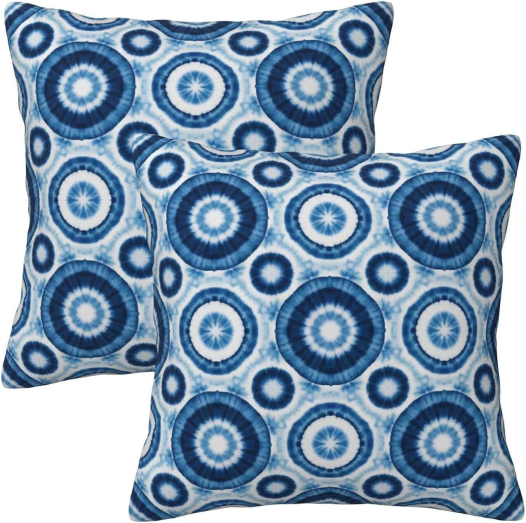 Boho Blue Tie-Dye Mandala Circle Throw Pillow Covers Set of 2 Ultra-Soft All-Season with Hidden Zipper,Durable for Sofa Bed Car Decor & Gift 18x18IN