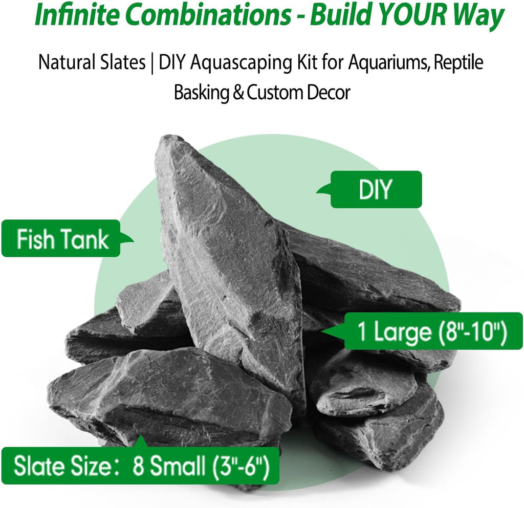 Natural Slate Stone Rocks for Aquascaping, Reptile Basking Platforms & Fish Tank Decor, Aquarium Bridge Design Kit: 8×3-6" +1×8-10" Slates (4.1-4.6 lbs)