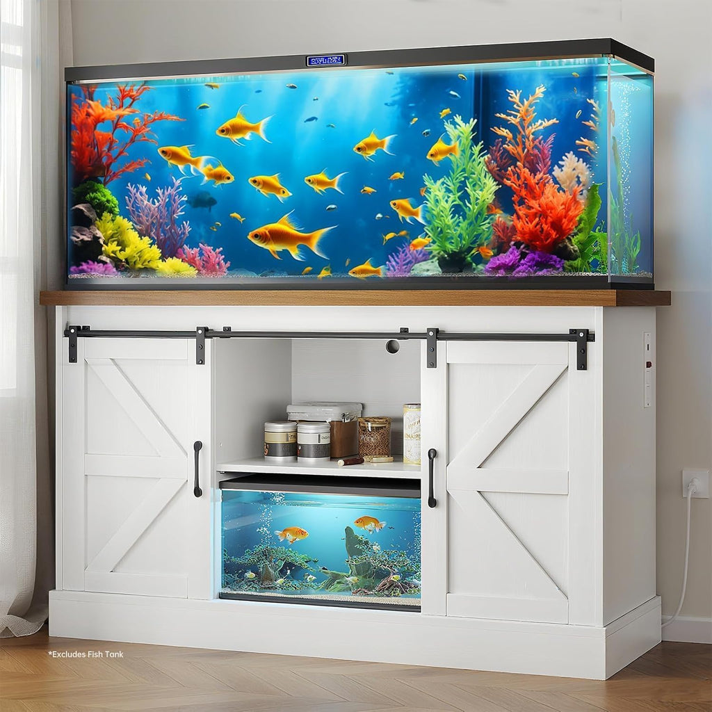 55-75 Gallon Fish Tank Stand with Sliding Barn Doors & Power Outlet, Heavy Duty Aquarium Stand with Cabinet Storage for Fish Tank, Turtle Tank, Reptile Terrarium, Capacity 1000LBS