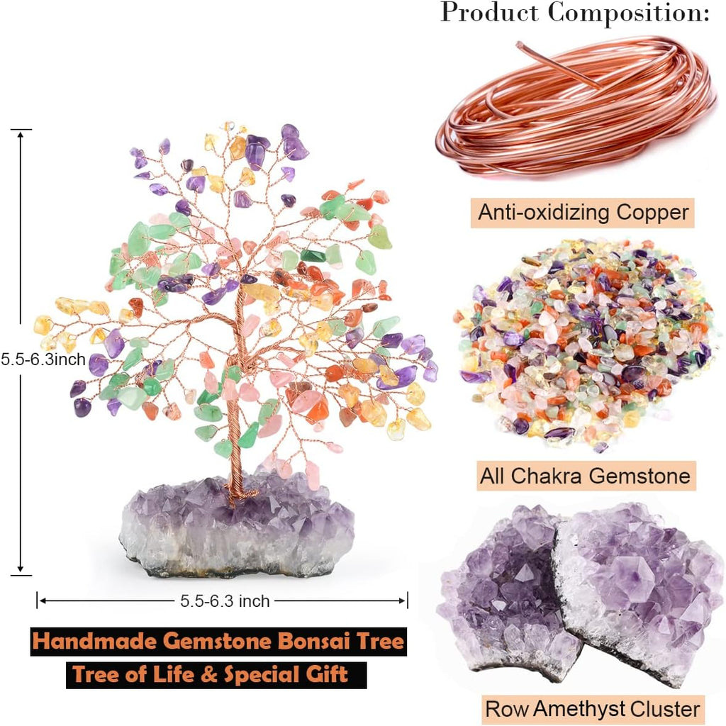 Gemstone Crystal Treeof Life,Chakra Tree Multi Stone Amethyst Cluster Base,Feng Shui Home Decor Bonsai Money Tree,Positive Energy Healing Crystals,Spriture Gift,Size 5.5"-6.3"