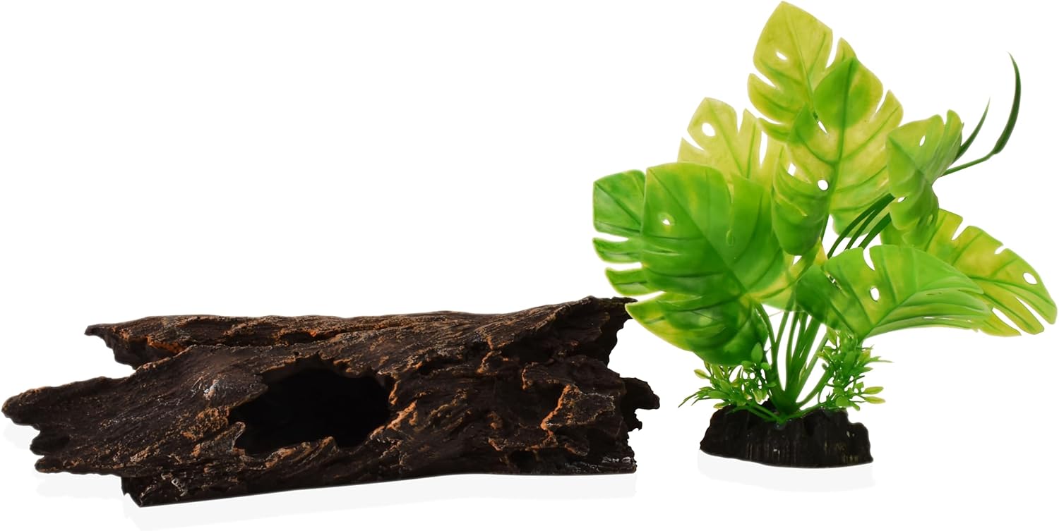 Reptile Hide 10.5 Inch Natural Looking Driftwood Aquarium Decor | Hideout for Amphibians, Bearded Dragons, Geckos, Lizards & Fish | Hollow Log with Life-Like 7" Monstera Plant | Terrarium & Tank Decor