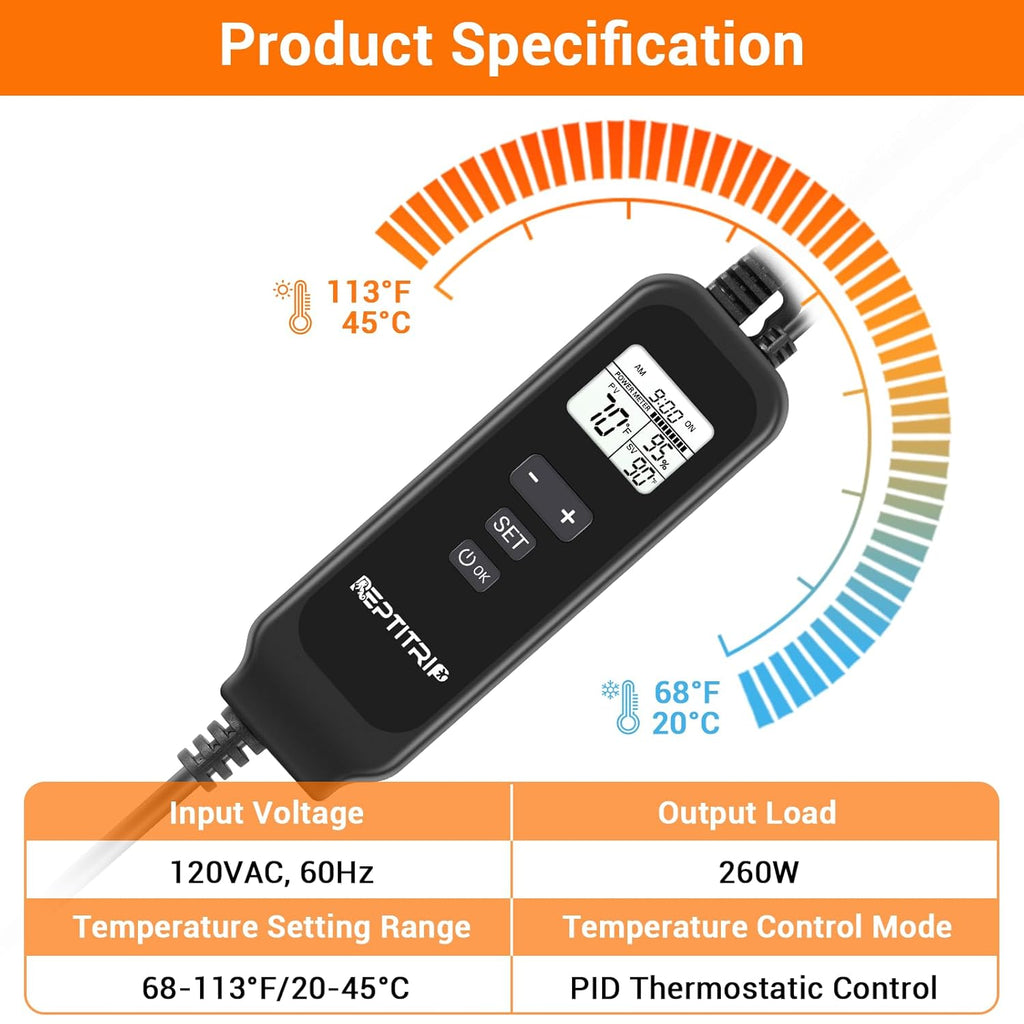 Reptile Dimming Thermostat, Adjustable Day and Night Temperature, Thermostat for Reptile Heat Lamp Heat Pad, PID Temperature Controller, Memory Function, ℉/℃