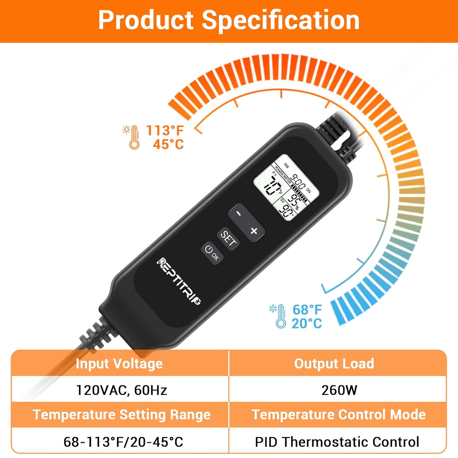 Reptile Dimming Thermostat, Adjustable Day and Night Temperature, Thermostat for Reptile Heat Lamp Heat Pad, PID Temperature Controller, Memory Function, ℉/℃