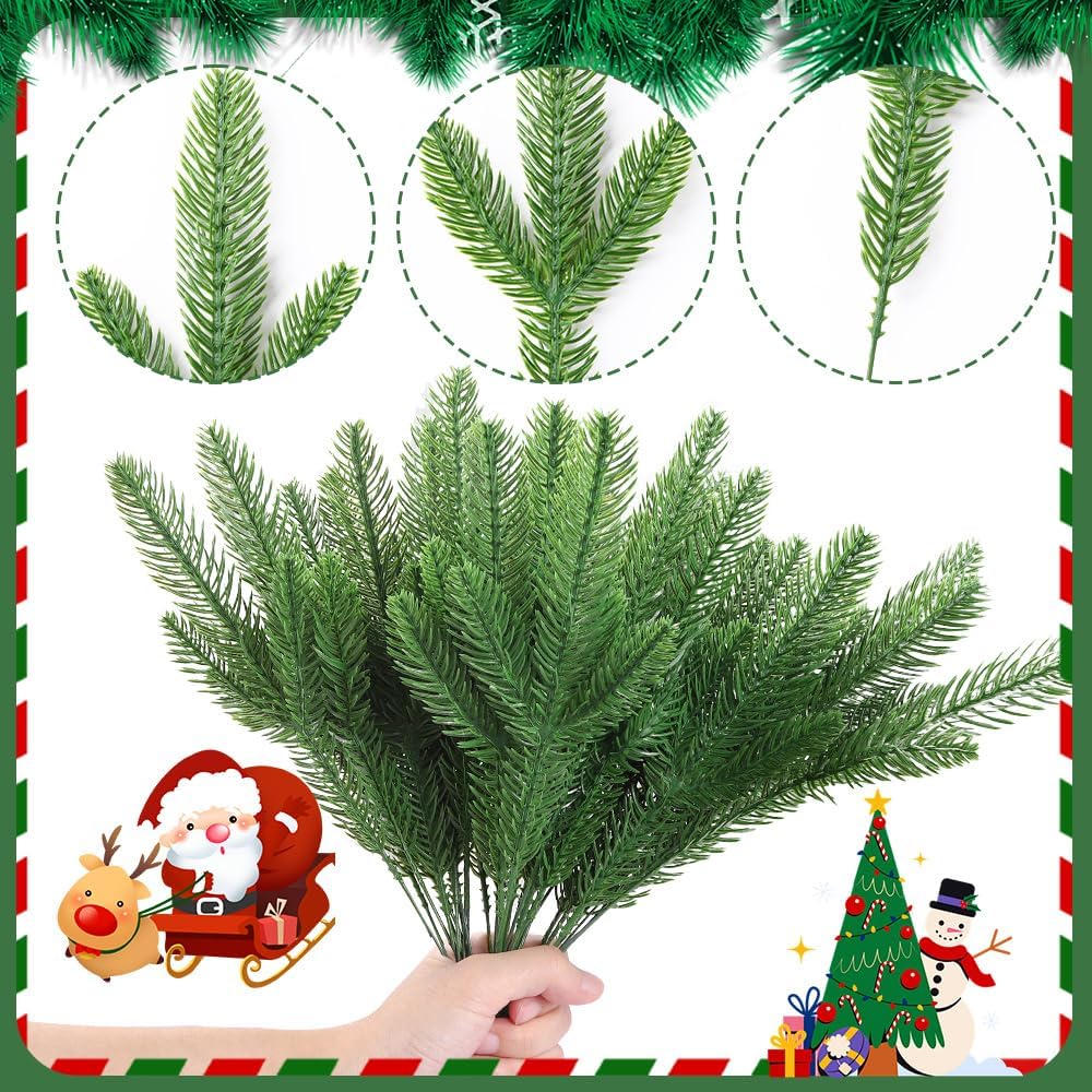 50 PCS Artificial Pine Branches Christmas Faux Pine Greenery Stems Fake Cedar Pine Needles Picks for Christmas Tree Wreath Garland DIY Crafts Holiday Home Decoration