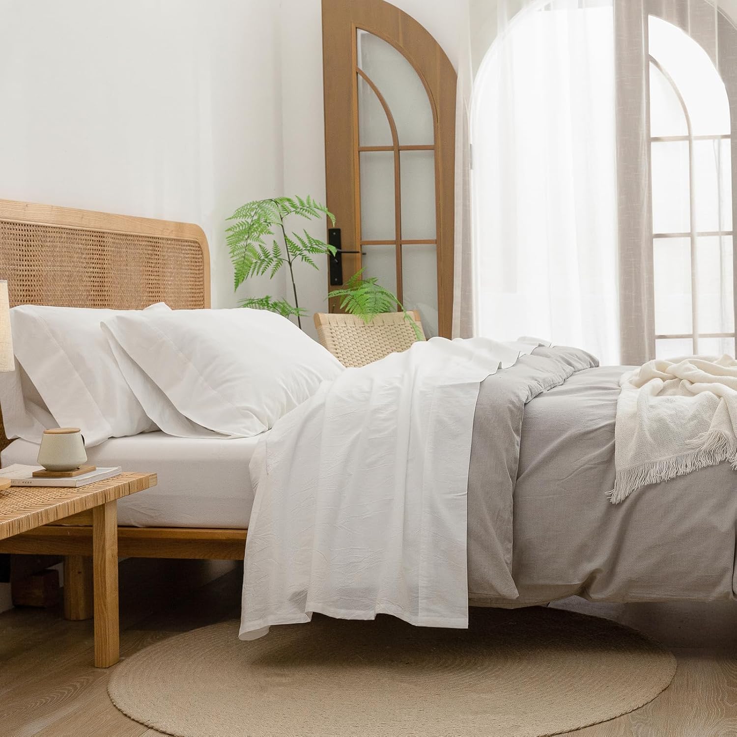 BESTOUCH Sheet Set 100% Washed Cotton Linen Feel Super Soft Comfortable Chic Lightweight 4 Pcs Home Bedding Set Solid Off White Cal King