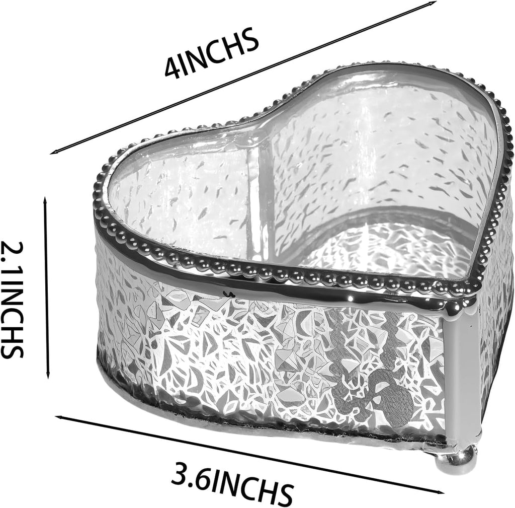 Glass Vintage Jewelry Box Keepsake storage Trinket Ring Display Box Home Decor Embossed Clear Glass Box Organizer(4×3.6×2.1inches)