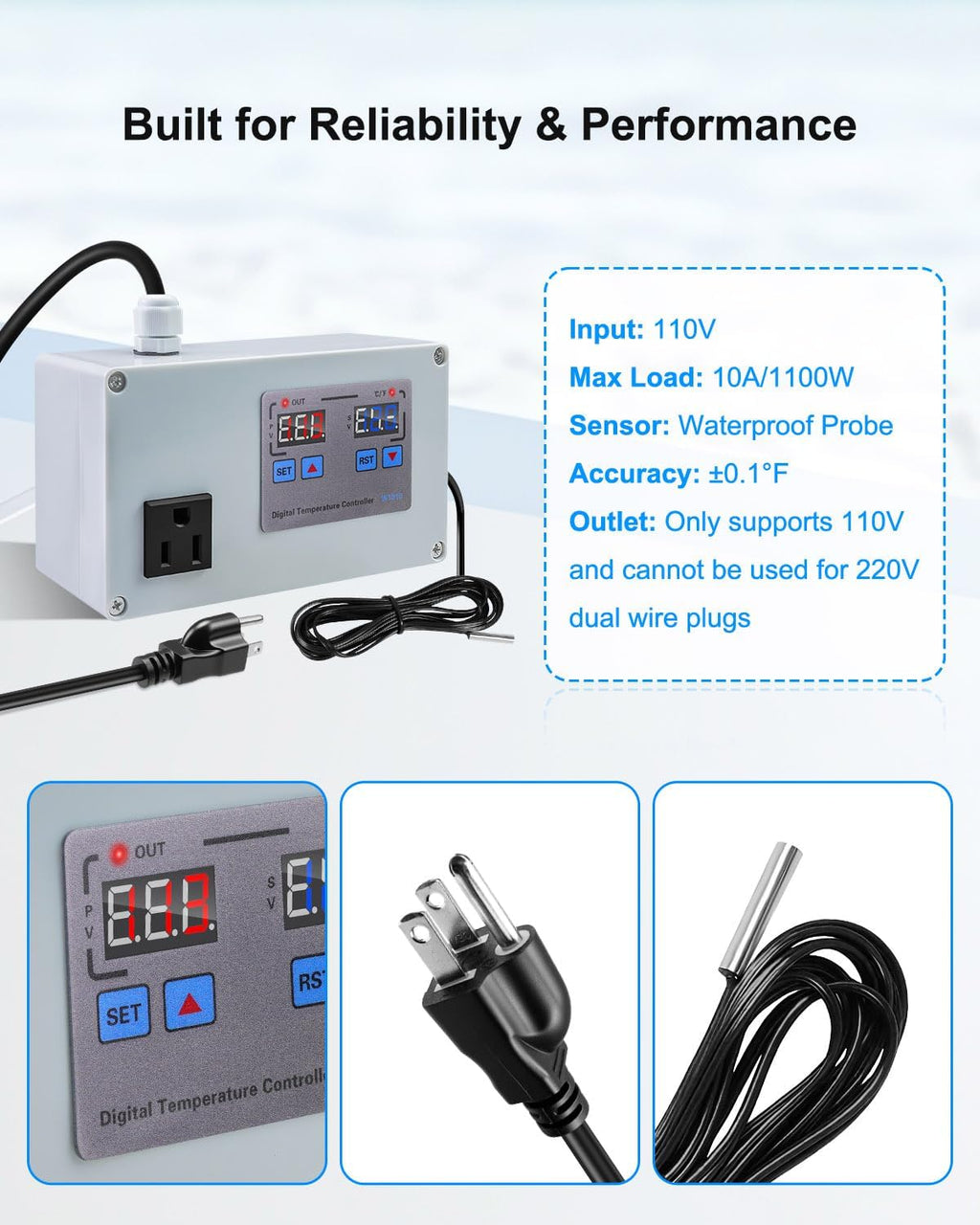 10A 110V Temperature Controller, Digital Thermostat Switch for Seedling Germination, Home Brewing, Fermentation, Vacuum Low-Temperature Cooking, Hatching, Pet Breeding, Heaters Or Cooling Equipment