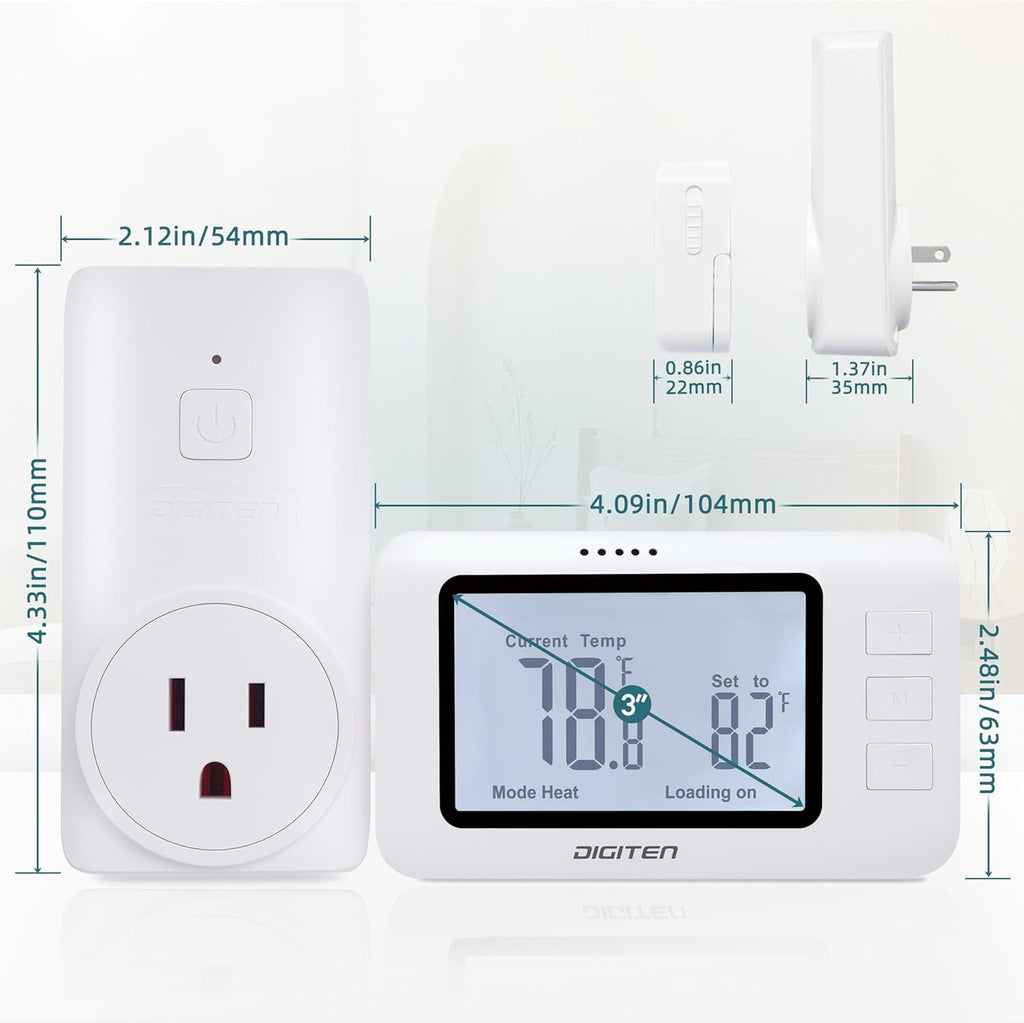 DIGITEN Wireless Thermostat WTC100 Pro Temperature Controller for Cooling & Heating, Remote Controlled Outlet, Easy-to-Use and Non-Programmable Plug in Thermostats for Home