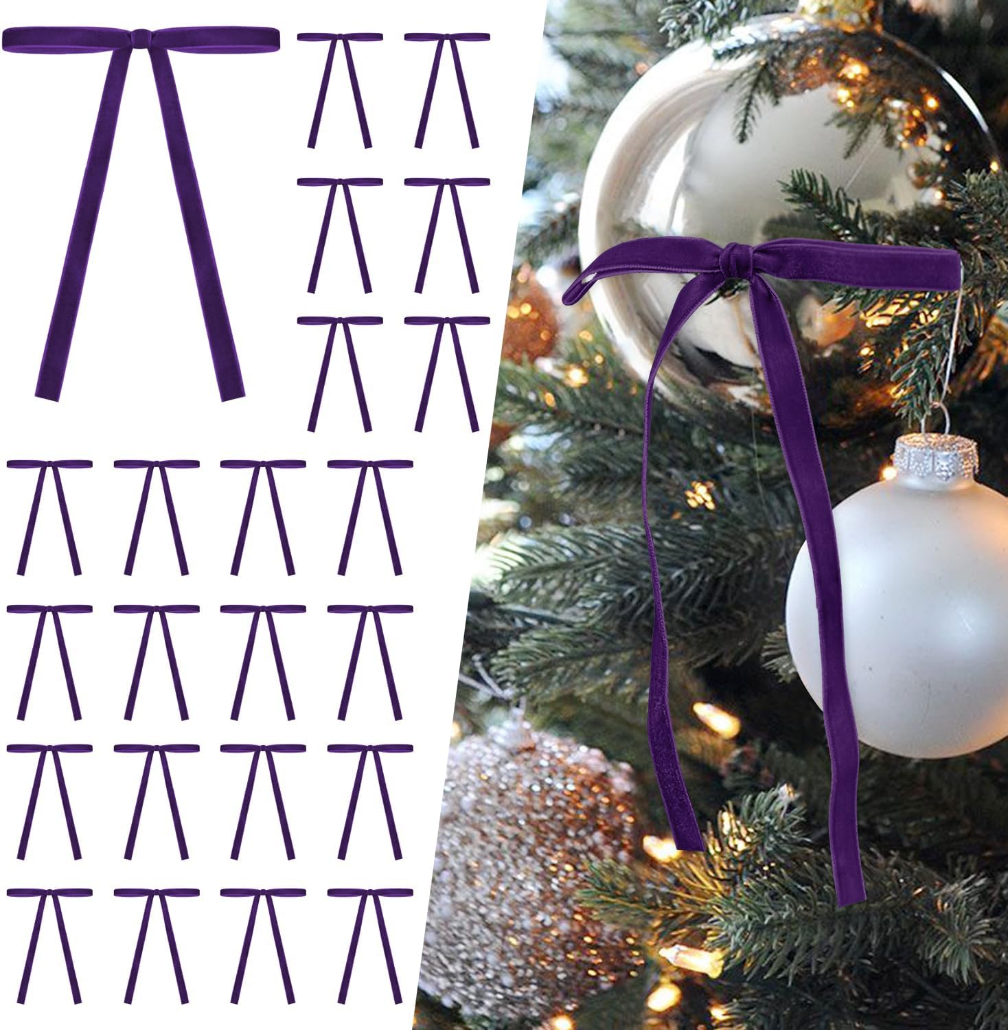 SIMISI RIBBON 24Pcs Purple Christmas Velvet Ribbon Bows Decorations Xmas Ornaments Vintage Decor for Tree, Wreath, Garland (3/8'' Width, 5 * 7 inch)