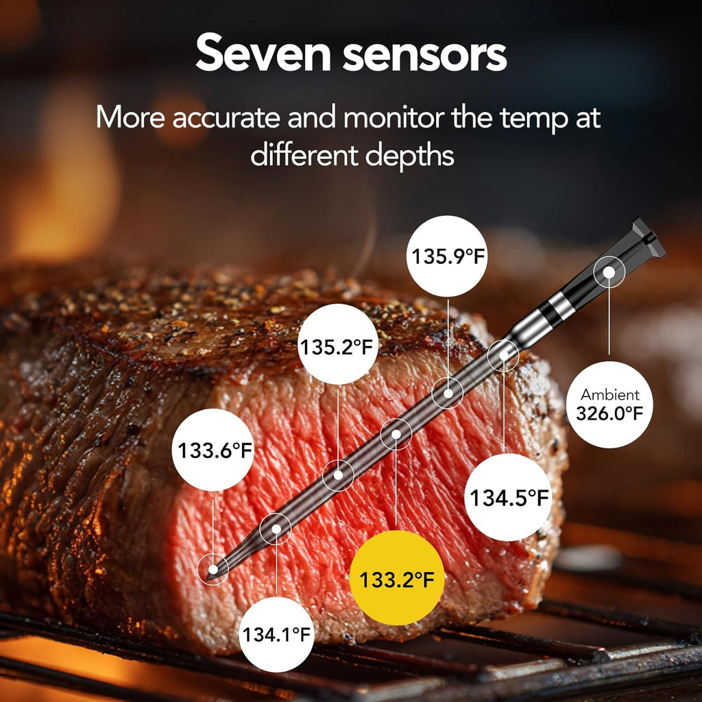 WiFi Sub-1G Wireless Meat Thermometer Unlimited Range with Digital Smart Base 7 NIST Certified Sensors with Ambient Temp Monitor for BBQ, Grill,Oven, Smoker(1, Black, Small)