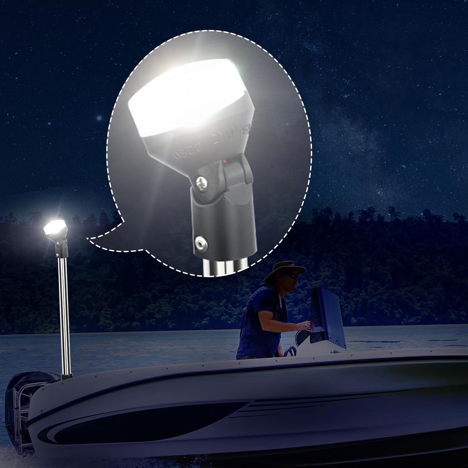 Stern Light Boat Anchor Light Marine Navigation lights USCG 2 NM All Round White LED Removable 2 Pin 12 Volts 24 Inches (Stainless steel Cover with plug-in base)
