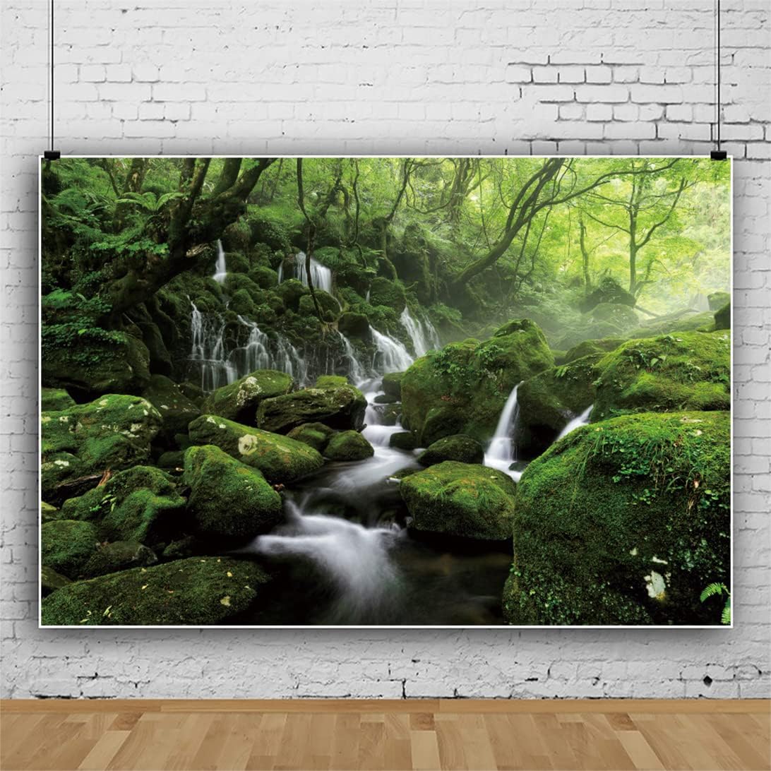 Leyiyi 7x5ft Forest Waterfall Backdrop Graceful Natural Scenery Photography Background Spring Scenery Misty Jungle Rock Mountain Flowing Stream Rainforest Birthday Party Events Photo Studio Props