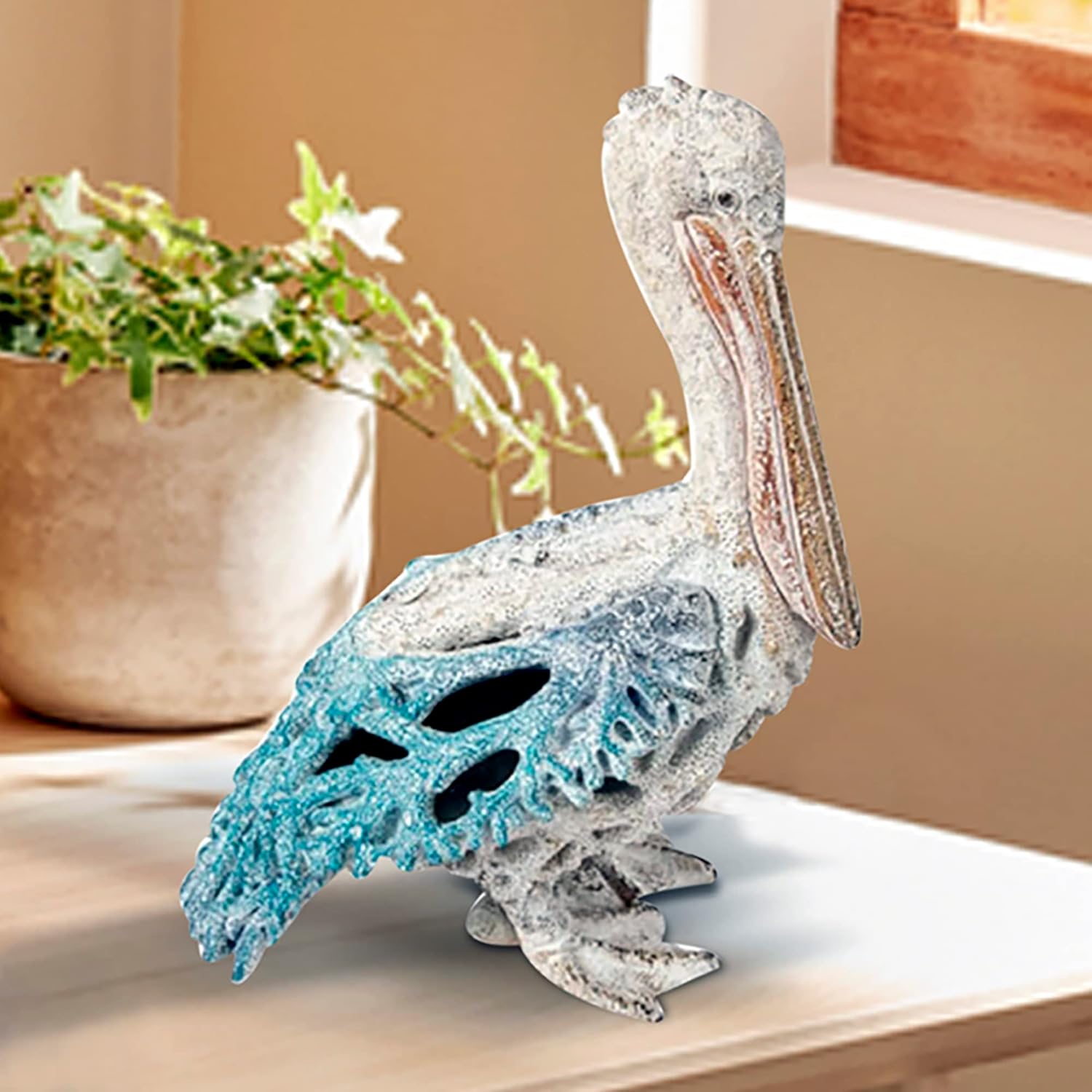Blue Pelican Standing Figurine 13.75” Coastal Coral Reef Home Decor Nautical Beach Statue for Tabletop Shelf or Mantel Ocean Inspired Room Accents