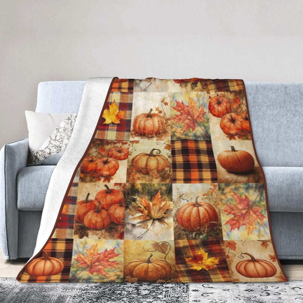 Fall Pumpkin Blanket Autumn Maple Leaf Throw Blanket Plaid Thanksgiving Orange Flannel Stuff Merch Cozy Decor Fleece Soft Plush Fuzzy Warm Lightweight Bedding Gifts for Women Girls Couch 80"X60"