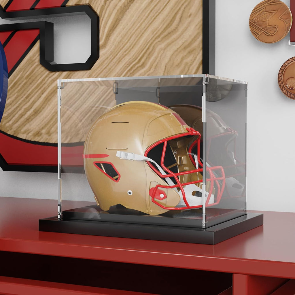 Putros Mini Helmet Display Case with Mirror and Black Metal Grooved Base Clear Acrylic Mini Football Helmet Showcase for Memorabilia Sports Collectibles