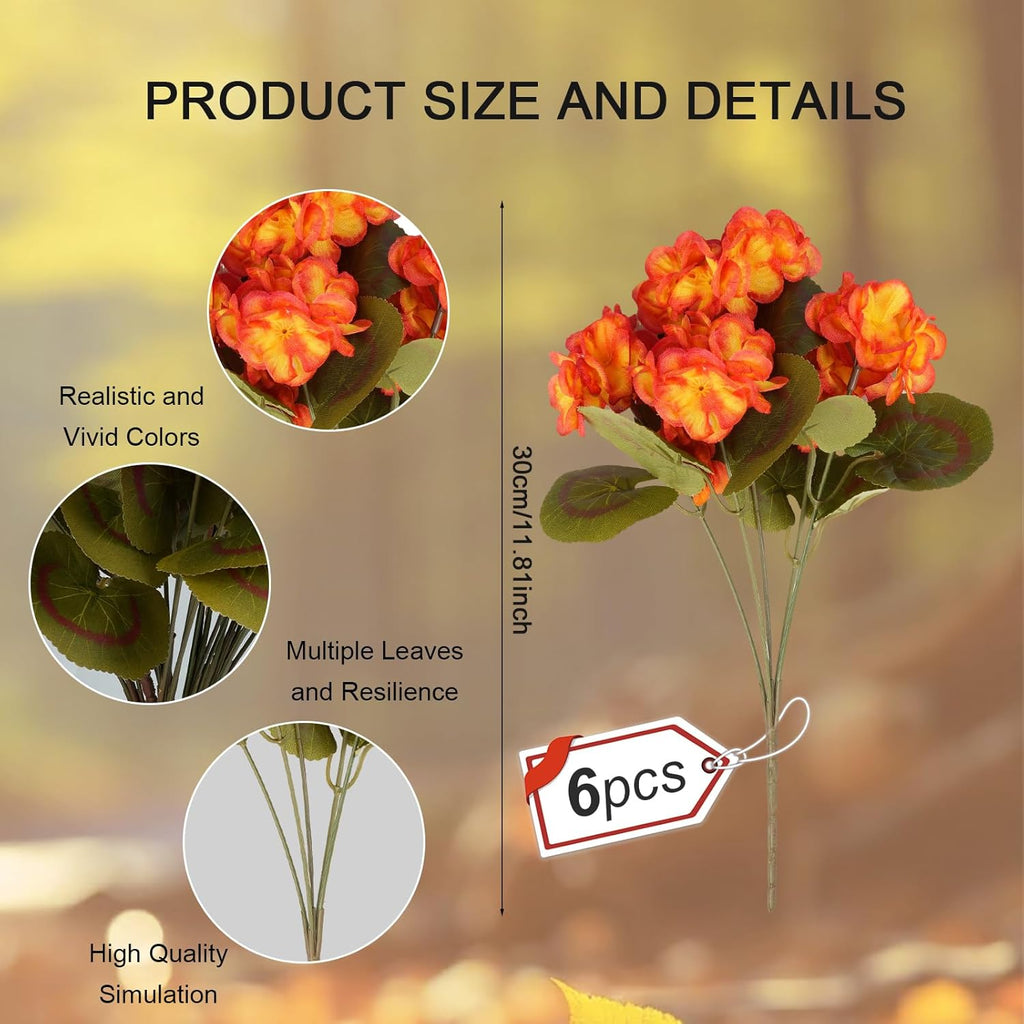 6 Bundles Silk Geraniums Artificial Flowers for Outdoors, UV Resistant Faux Plants Realistic for Garden Patio Porch Window Box Home Indoor Outdoor Decor (6, Orange-Yellow)