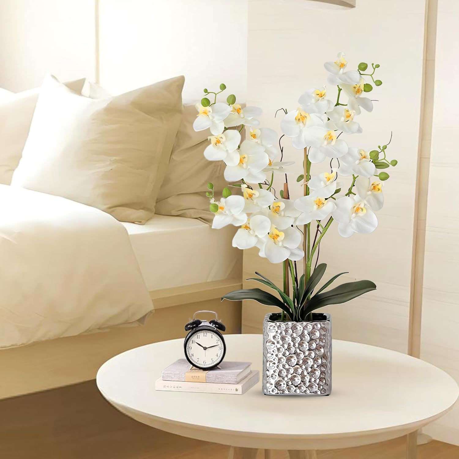 SJC Orchid Artificial Flowers with Sliver Vase Large Silk Faux Phalaenopsis Flowers for Dining Room Table Floral Centerpieces Indoor Decoration,White