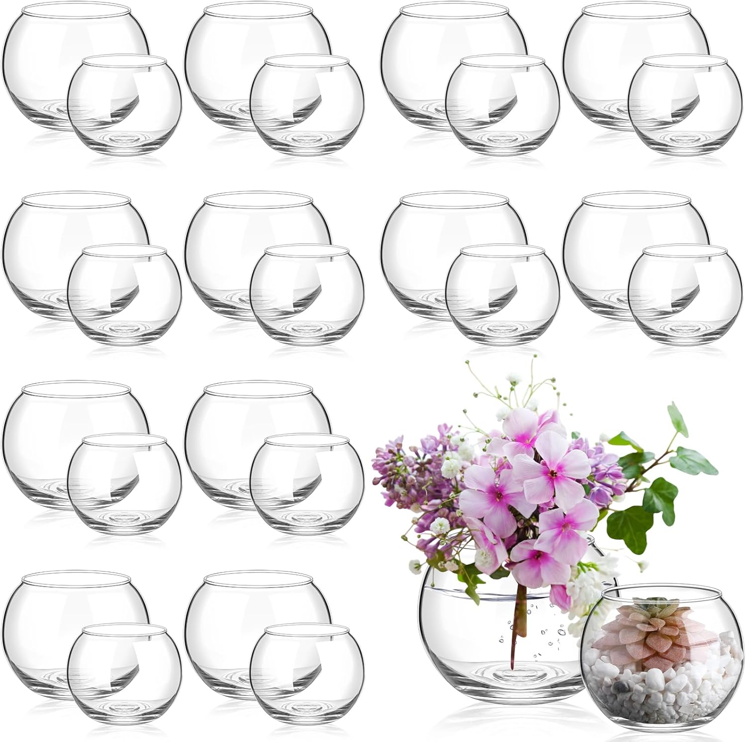 Zopeal 24 Pcs Fish Bowl Vase Glass Bubble Bowl Globe Glass Clear Bubble Vase Round Terrarium Goldfish Flower Centerpiece for Wedding Event Arrangement Office Home (2.36"h X 2.76"w and 3.15"h X 3.94"w)