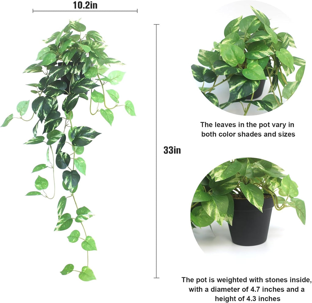 alyptus Fake Pothos Hanging Plants - 33" Set of 2 Artificial Silk Ivy Vines with Pots, Realistic Faux Greenery for Indoor Home Decor, Low Maintenance Hanging Plant Decoration (Golden Green)