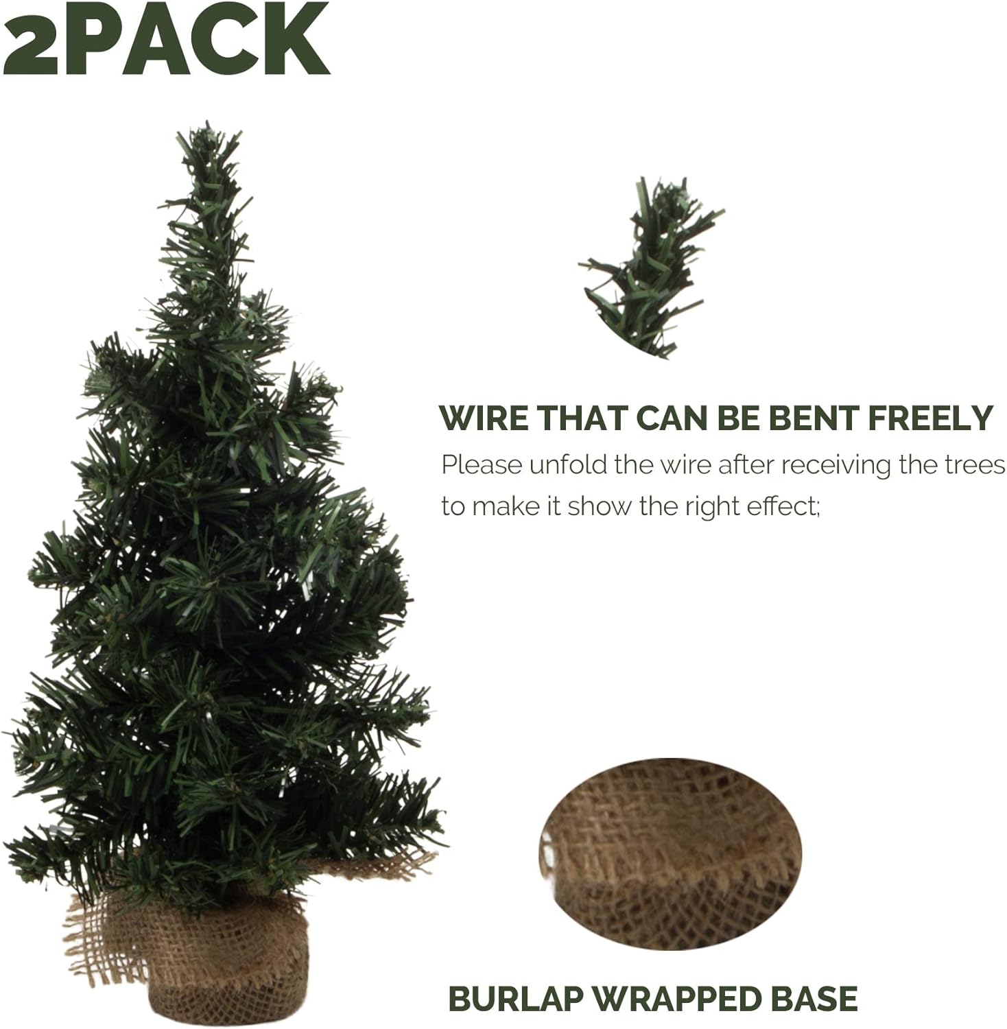 2Pack Mini Christmas Tree Table Top Decorations- Artificial Small Pine Trees with Burlap Base on Desktop, Shelves, Bedroom, Miniature Scenes Xmas for Home, Office, Party Decor