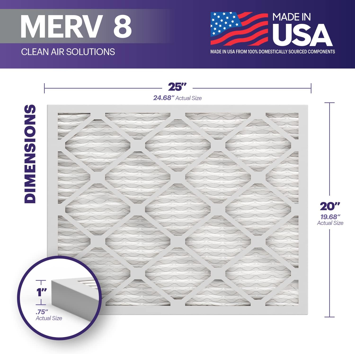 BNX TruFilter 20x25x1 Air Filter MERV 8 (4 Pack) - MADE IN USA – Dust & Pet Defense Electrostatic Pleated Air Conditioner HVAC AC Furnace Filters for Dust, Pet, Mold, Pollen MPR 600 – 700 & FPR 5