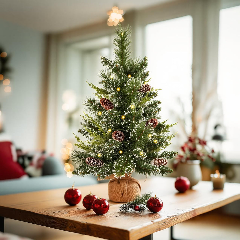 deeinglif 2ft Mini Christmas Trees 24" with LED Lights and Pine,Tabletop Branches Cones and Cloth Bag Base Home Party Dining Room Window Decoration for Christmas