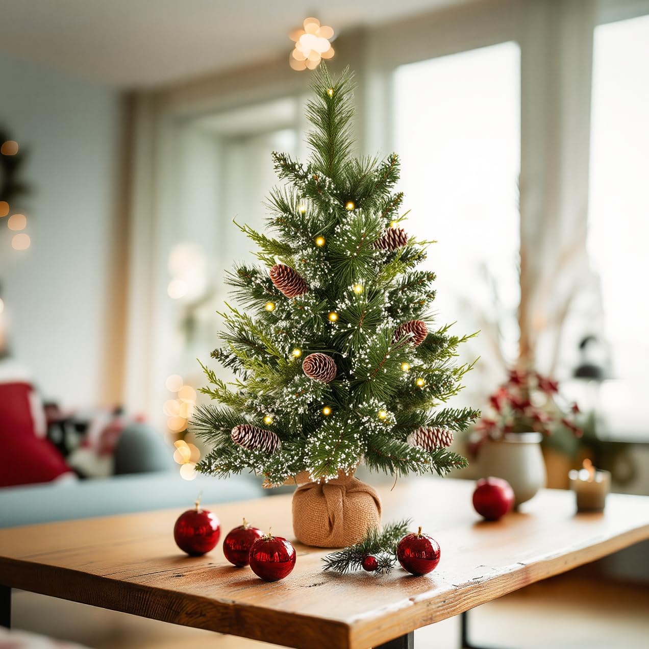 deeinglif 2ft Mini Christmas Trees 24" with LED Lights and Pine,Tabletop Branches Cones and Cloth Bag Base Home Party Dining Room Window Decoration for Christmas