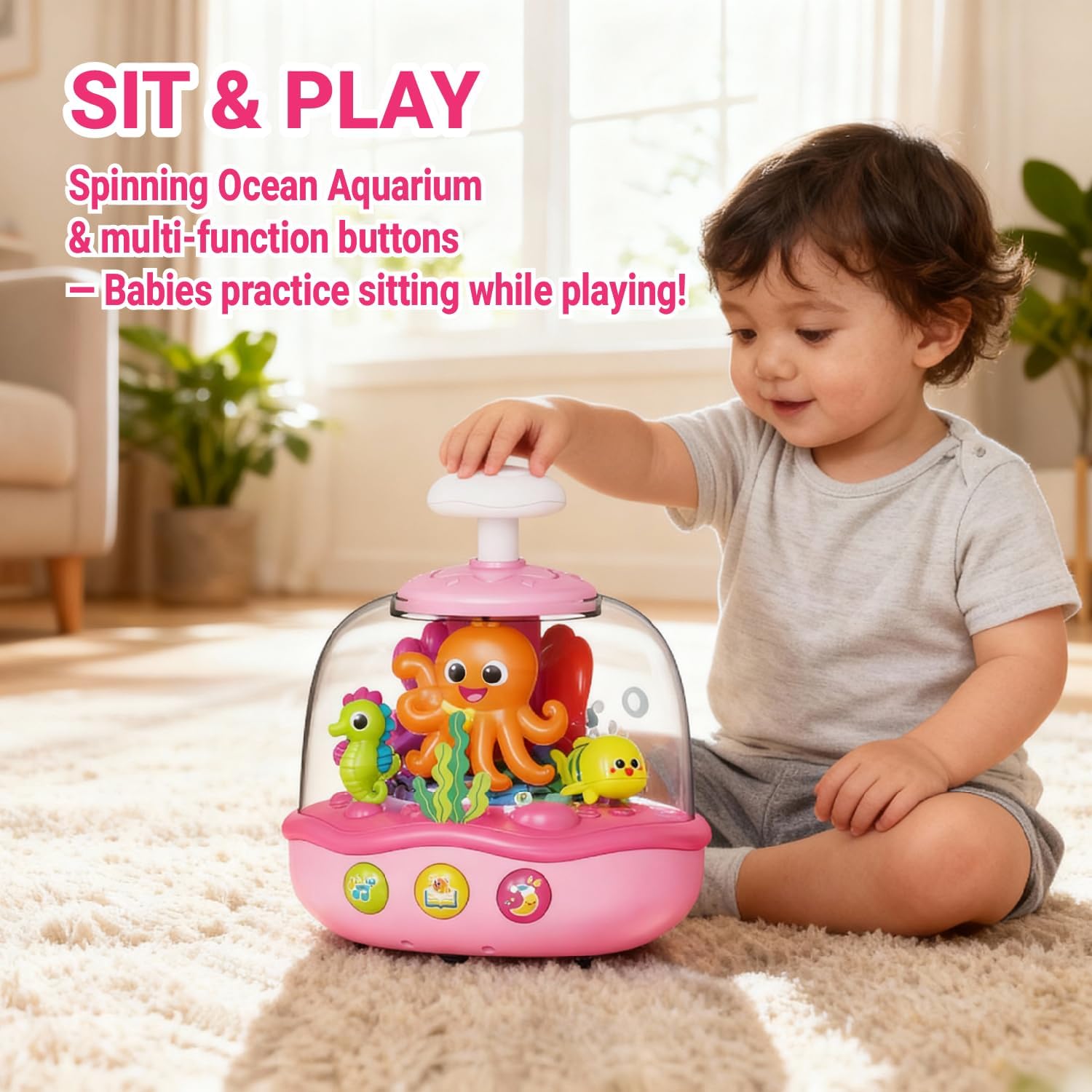 Baby Girl Toys 6-12-18 Months, Press & Spin Aquarium Musical Light Up Toy | Bilingual Learning Educational Cause and Effect Toy for 1 Year Old Boy Girl, Christmas Birthday Gifts for 1-3 Year Old