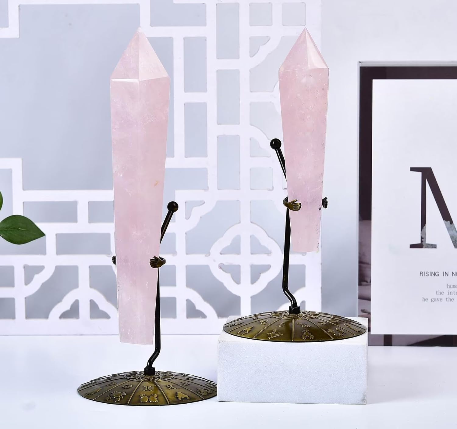 Rose Quartz Wand Point Long Healing Crystal Scepter Decorative Stone Reiki Meditation with Display Stand Home Office Decor 0.4-0.6LBS