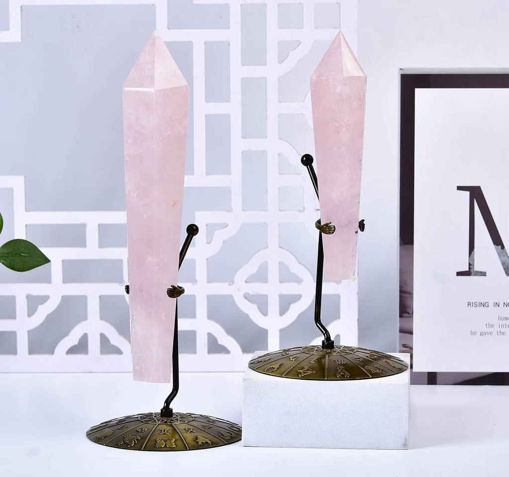 Rose Quartz Wand Point Long Healing Crystal Scepter Decorative Stone Reiki Meditation with Display Stand Home Office Decor 1.1-1.3LBS
