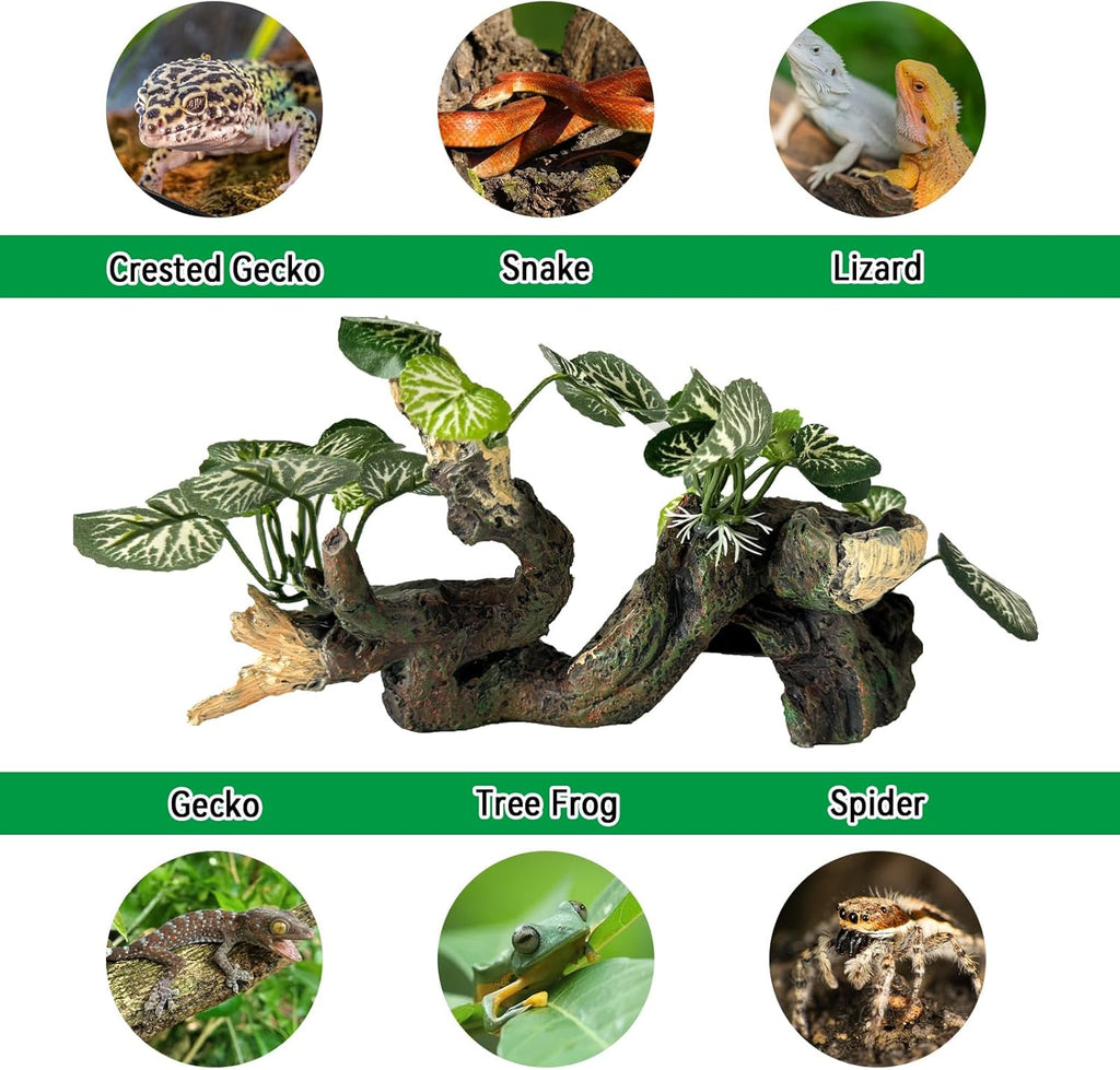 PINVNBY Branches for Reptiles,Crested Gecko Resin Climbing Tree Branch with Hideout Cave Bearded Dragon Tank Accessories Lizard Terrarium Habitat Plant Decorations for Snake Gecko Spider Frog(Green)