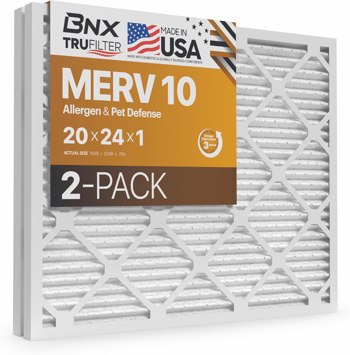 BNX TruFilter 20x24x1 MERV 10 (2-Pack) AC Furnace Air Filter - MADE IN USA - Pleated Air Conditioner HVAC AC Furnace Filters - Removes Odor, Mold, Bacteria, Smoke