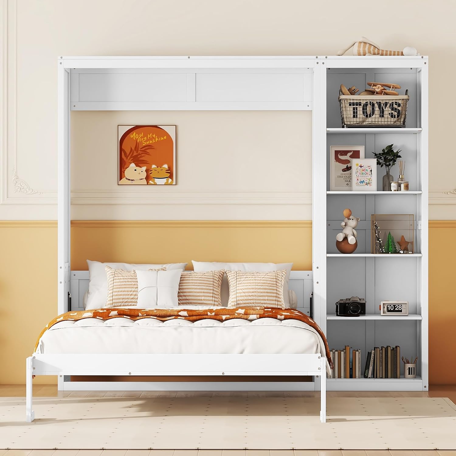 MERITLINE Full Murphy Bed with Storage Bookcase Shelves,Wood Folding White Murphy Wall Bed Cabinet