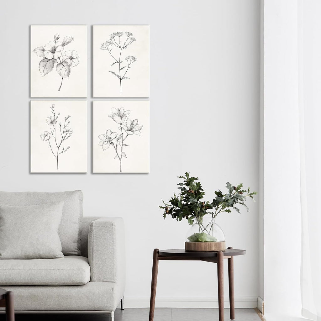 4pcs Framed Black and White Vintage Floral Sketch Wall Art Decor Canvas Print Wall Painting Picture Poster Minimalist Gallery Bedroom Living Room Office Decor Decoration 12x16 Inch Ready to Hang