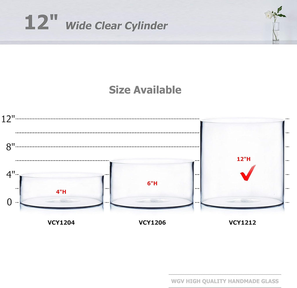 WGV Cylinder Vase, Width 12", Height 12", Clear Wide Large Diameter Flower Glassware, Floral Container, Planter Terrarium for Wedding Party Event, Home Accent Decor, 1 Piece