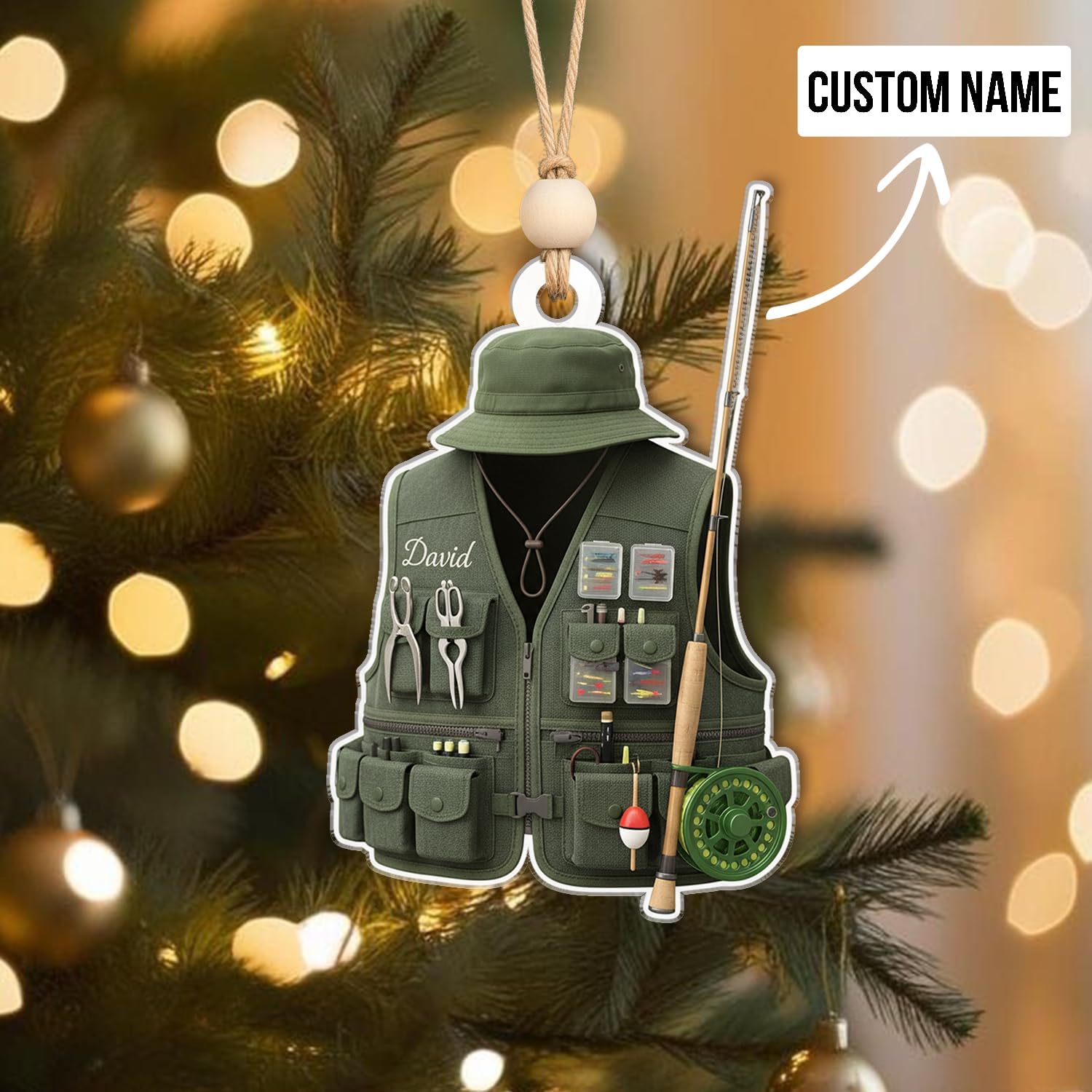 Personalized Fishing Vest Ornament - Fisherman's Gear Ornaments Christmas Tree Decor - Hobby Hanging Xmas Decorations Gift for Anglers, Dad