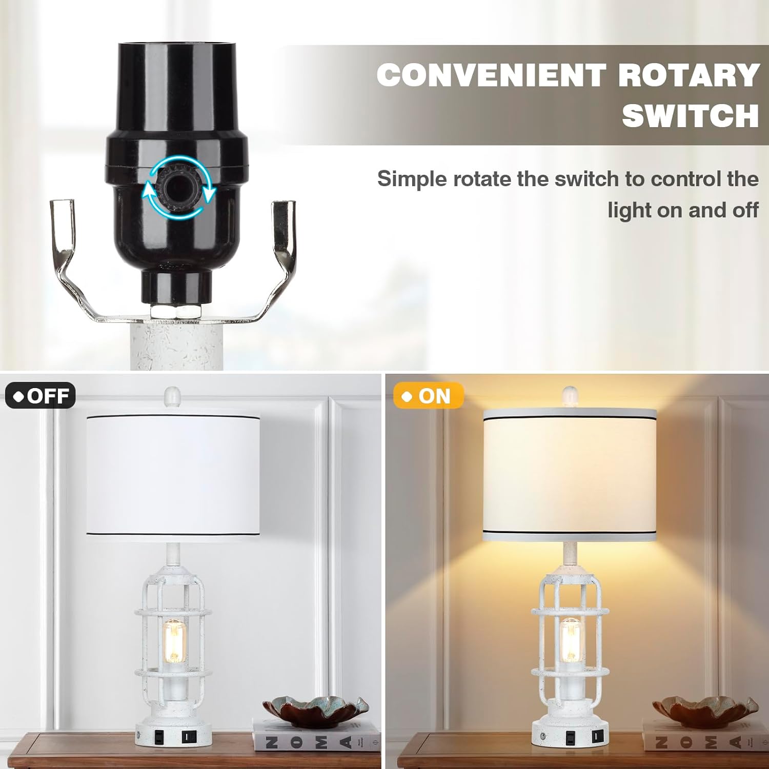 Farmhouse Lamps Set of 2, White Vintage Rustic Industrial Lamps with USB A+C Charging Ports & AC Outlet, 3 Way Dimmable Touch Control Table Lamp with LED Night Light for Living Room Bedrooms Office