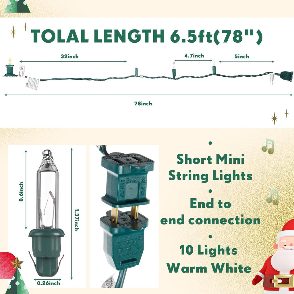 Mini Christmas Lights String Warm White Vintage Short Strand String Lights, Clear Bulbs Wire Fit Light up Christmas Decorations(10 Bulbs Connectable,6.5ft,6.5ftgreen)