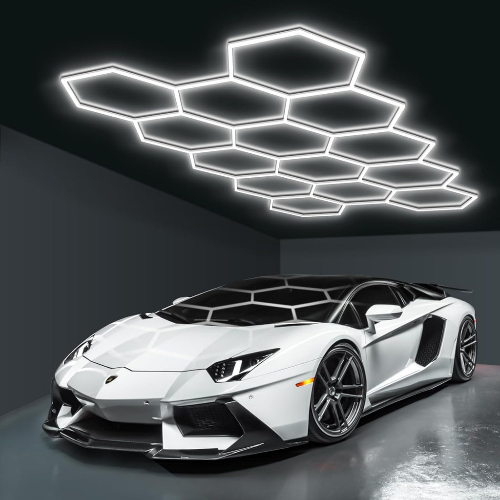BRILLIHOOD Hexagon Garage Lights, LED Honeycomb Garage Lights, 456W, 54720LM, 6500K Super Bright, 14 Grid Systems Car Detailing Lighting for Warehouse Workshop Basement Gym