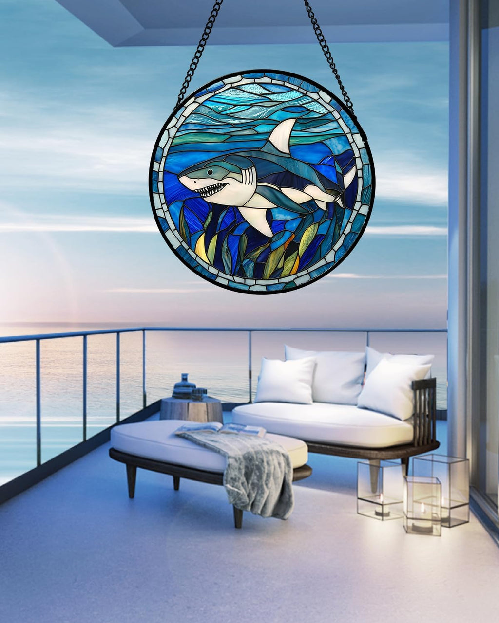 Stained Glass Suncatcher, Blue Ocean Big Shark Sun Catcher Waterweed Stain Glass Window Hanging Decoration Mother's Day Birthday Gifts for Women Men Mom Nana 6.3 in