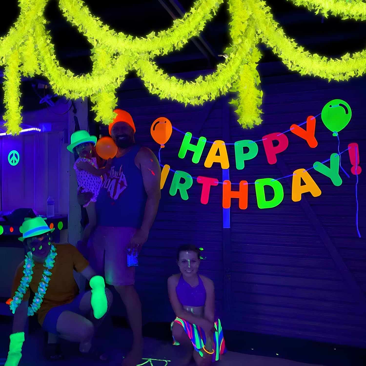 Mega-L Glow in The Dark Party Supplies, 26ft Fluorescent Yellow Star Neon Garland Decorations Cute Hanging Ceiling Decorations for Birthday Party Home Wall Decor