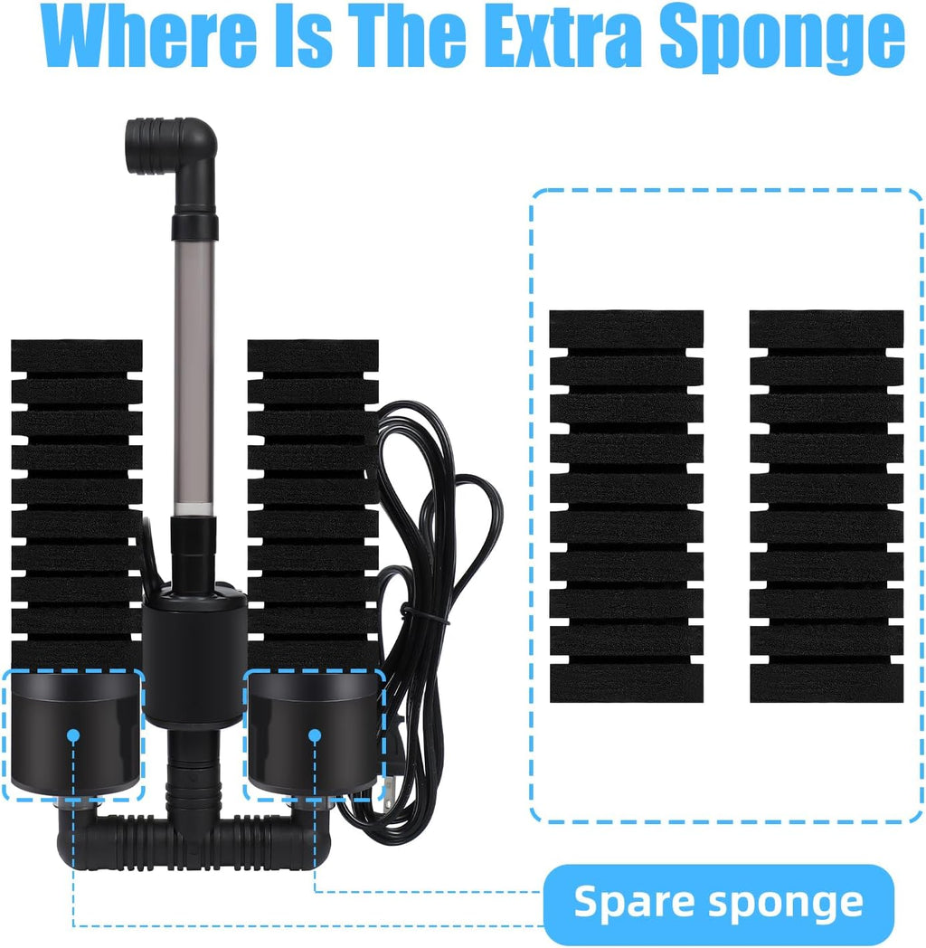 AQUANEAT Aquarium Electric Sponge Filter for Fish Tank, with Pump, with 2 Extra Sponges, Large up to 55Gal