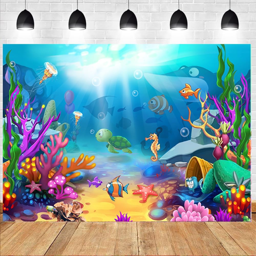 LTLYH (7x5 Under The Sea Photography Backdrop Aquarium Underwater World Tropical Fish Coral Reef Background Mermaid Birthday Baby Shower Ocean Party Decorations Photo Banner Props 280