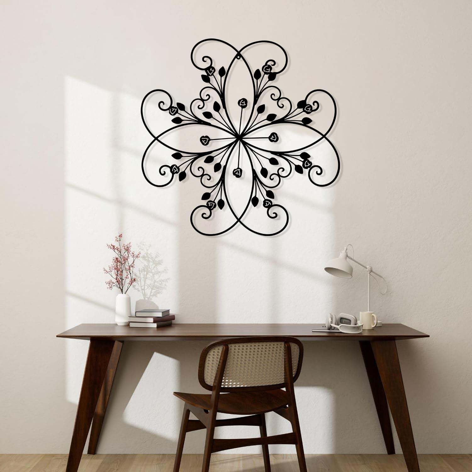 Aportif Metal Flowers Wall Decor, Metal Leaf Wall Decor, Scroll Artwork, Floral Art, Wrought Iron Scroll Art, Minimalist Artwork, Bedroom Decorations (White, 19"×18" | 47×46cm)