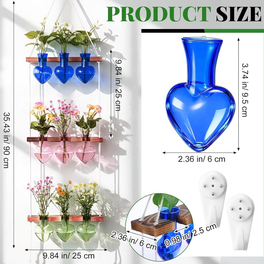 Leinuosen Plant Hanging Propagation Station Wall Hanging Planters Terrarium with 3 Tiered Wooden Stands for Home Garden Decor Hydroponics Plant Lovers Gifts- 9 Glass Vases(Heart Shaped,Multicolor)