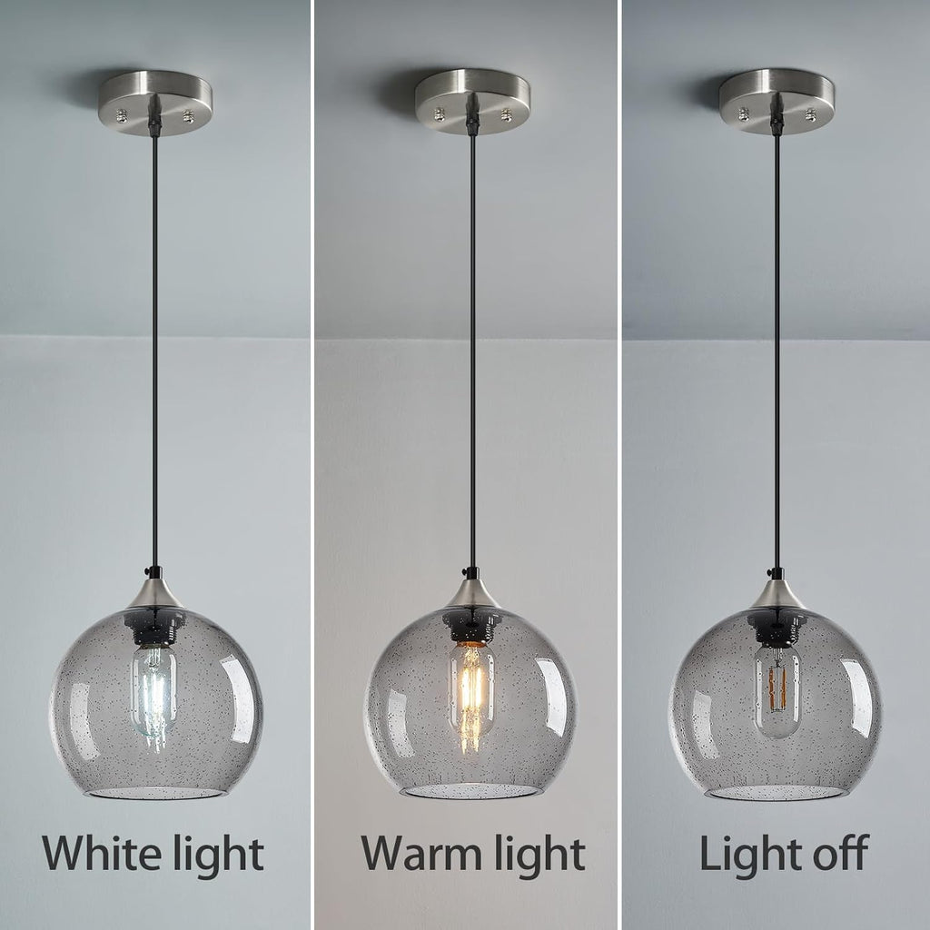 Light Grey Glass Pendant Lights Kitchen Island Lighting Globe Pendant Light Fixtures Modern Pendant Lighting for Bedroom Living Dining Room Light Fixture (7.87 in, 2 Pack)