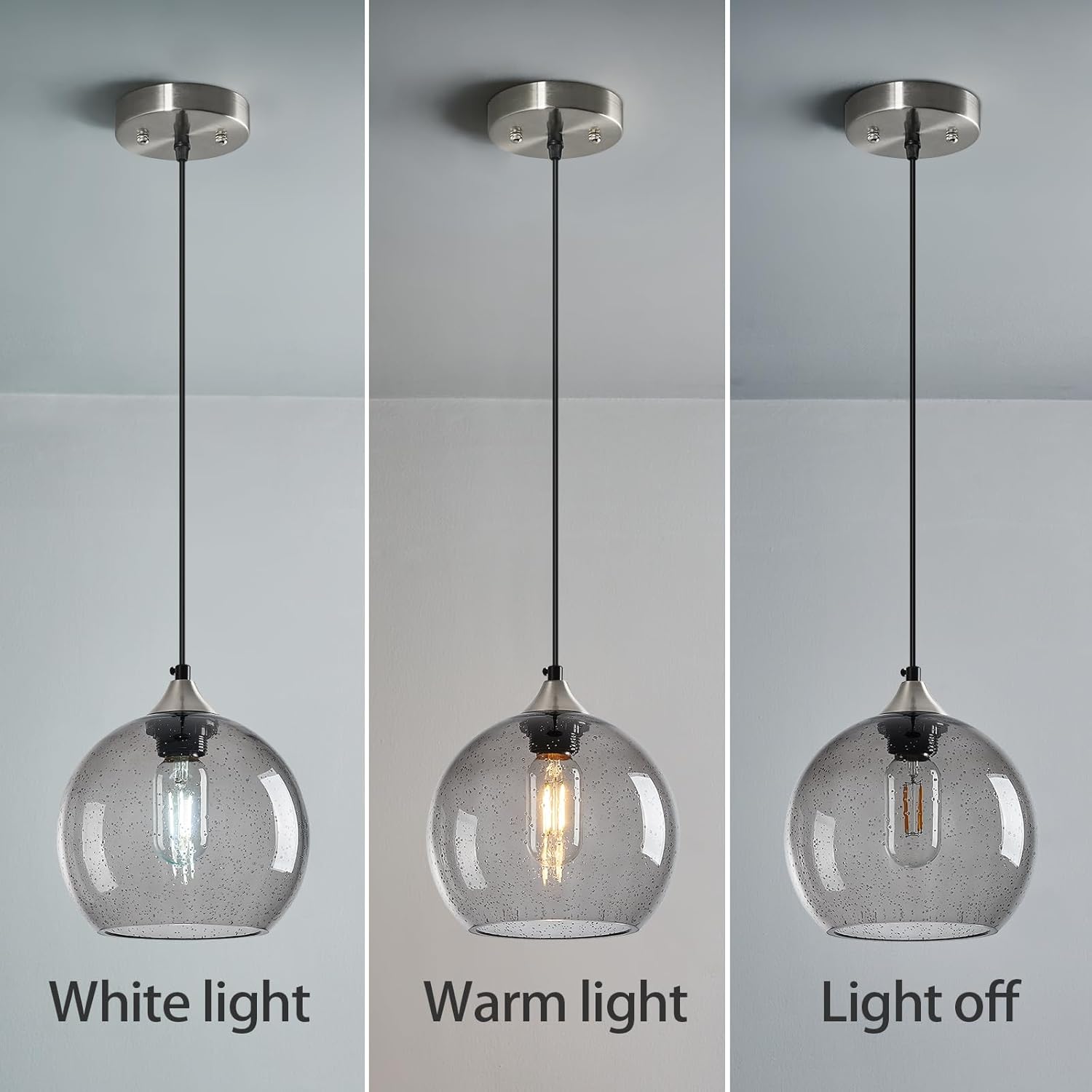 Light Grey Glass Pendant Lights Kitchen Island Lighting Globe Pendant Light Fixtures Modern Pendant Lighting for Bedroom Living Dining Room Light Fixture (7.87 in, 2 Pack)